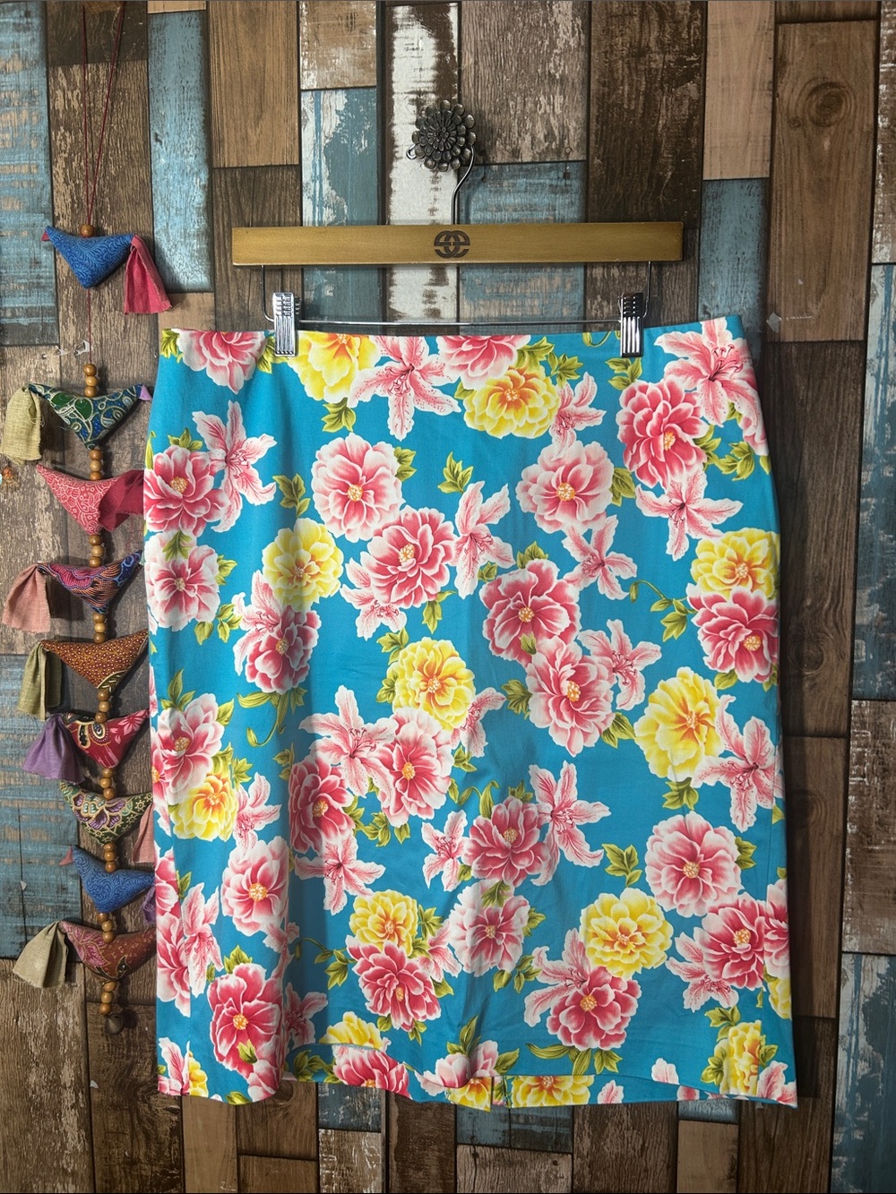 Bright Blue Floral Pencil Skirt with Pink & Yellow Blooms